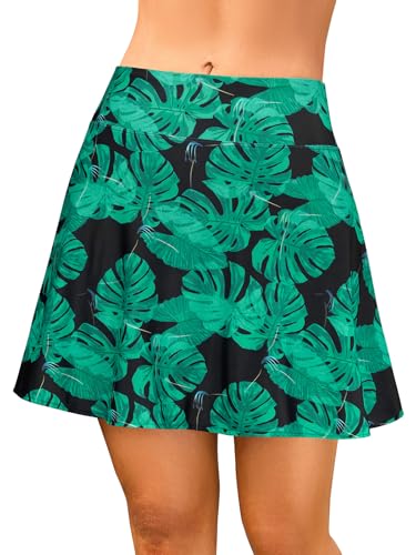 SHEKINI High Waist Bikinirock Abdominalkontrolle Baderock Damen mit Versteckter Tasche Schwimmrock Badeshorts Damen(L, Grüne Blätter) von SHEKINI