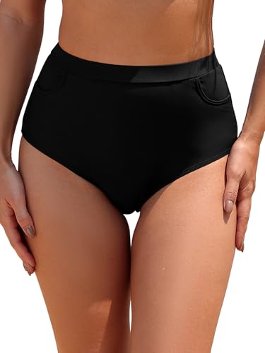 SHEKINI High Waist Damen Badeshorts Badeanzug Bauchweg Schwarz Bikinihose Vollständige Abdeckung Badehose Bikini Slip mit Taschen（M,Schwarz von SHEKINI