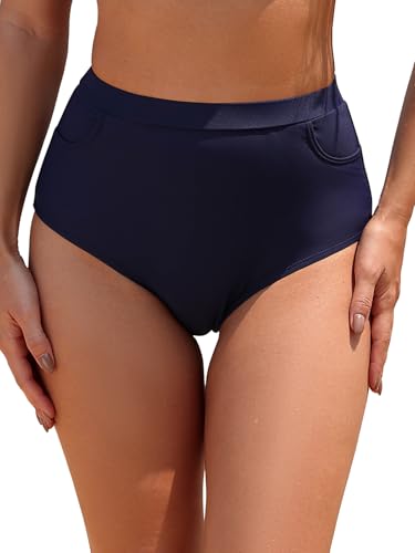 SHEKINI High Waist Damen Badeshorts Badeanzug Bauchweg Schwarz Bikinihose Vollständige Abdeckung Badehose Bikini Slip mit Taschen（S,Dunkelblau von SHEKINI