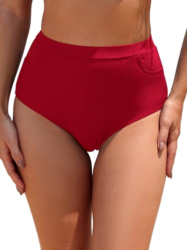 SHEKINI High Waist Damen Badeshorts Badeanzug Bauchweg Schwarz Bikinihose Vollständige Abdeckung Badehose Bikini Slip mit Taschen（XL,Rot） von SHEKINI