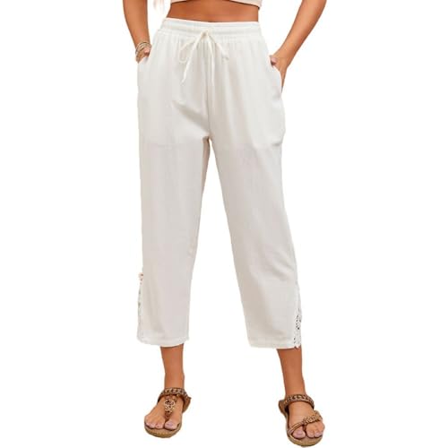 SHEKINI Hose Damen Sommerhose Baumwolle 7/8 Casual Leichte Stoffhose Einfarbig Bequeme Freizeithose Strandhose mit Taschen von SHEKINI