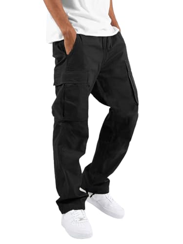 SHEKINI Jogginghose Herren Lang Sport Hose Cargo mit Taschen, Freizeithose Outdoor Trainingshose Sweatpants Laufhose(Schwarz,3XL) von SHEKINI