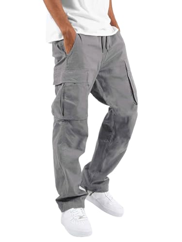 SHEKINI Jogginghose Herren Lang Sport Hose Cargo mit Taschen, Freizeithose Outdoor Trainingshose Sweatpants Laufhose(Grau,XL) von SHEKINI