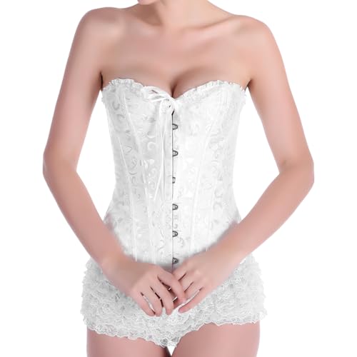 SHEKINI Korsett Damen Bustier Lace Up Waist Cincher Satin Corsage Damen mit Tanga String Unterbrust Korsage Crop Top Body Shaper Bauchweg Corset Top Übergröße von SHEKINI