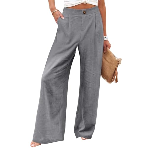 SHEKINI Hosen Damen Lässige Damenhose Stoffhose Leichte Palazzo Hose Hohe Taille Sommerhose mit Tasche Gerade Geschnitten Hose mit Knopfleiste von SHEKINI