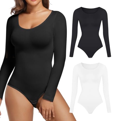 SHEKINI Shapewear Damen Body Langarm Bodysuit Shapewear Bauchweg mit Rundhalsausschnitt Figurformende Body Shaper Elegant Gerippter Langarmbody von SHEKINI
