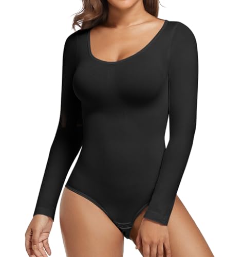 SHEKINI Shapewear Damen Body Langarm Bodysuit Shapewear Bauchweg mit Rundhalsausschnitt Figurformende Body Shaper Elegant Gerippter Langarmbody von SHEKINI
