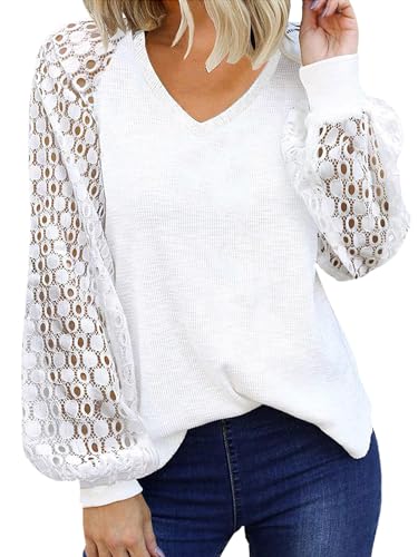 SHEKINI Langarmshirt Damen Bluse V Ausschnitt Tunika Raglan Spitzenärmel T-Shirt Elegant Oberteil Tops Blusenshirt Damen Langarm von SHEKINI
