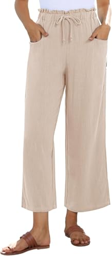 SHEKINI Leinenhose Damen 7/8 Weites Bein Baumwolle Leinen Causal Sommerhose Mit Taschen und Tunnelzug Locker Leicht Freizeithose Hohe Taille Lässig Hose von SHEKINI