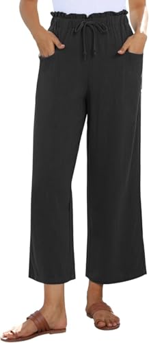 SHEKINI Leinenhose Damen 7/8 Weites Bein Baumwolle Leinen Causal Sommerhose Mit Taschen und Tunnelzug Locker Leicht Freizeithose Hohe Taille Lässig Hose von SHEKINI
