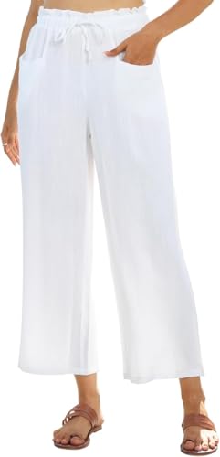 SHEKINI Leinenhose Damen 7/8 Weites Bein Baumwolle Leinen Causal Sommerhose Mit Taschen und Tunnelzug Locker Leicht Freizeithose Hohe Taille Lässig Hose von SHEKINI