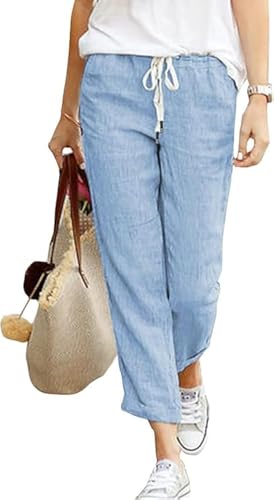 SHEKINI Leinenhose Damen Hose Leichte Sommerhose 7/8 Casual Baumwolle Leinen Stoffhose Bequeme Luftige Freizeithose Musselin Hose Strandhose Mit Taschen S-5XL von SHEKINI