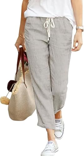 SHEKINI Leinenhose Damen Hose Leichte Sommerhose 7/8 Casual Baumwolle Leinen Stoffhose Bequeme Luftige Freizeithose Musselin Hose Strandhose Mit Taschen S-5XL von SHEKINI