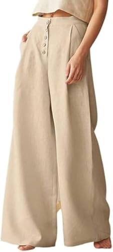 SHEKINI Leinenhose Damen Hose mit Weitem Bein Lang Sommerhose Causal Freizeithose Locker Stoffhose Leicht und Elegant Palazzo Hose mit Taschen und Knöpfen S-5XL SHEKINI Leinenhose Damen Hose mit Weitem Bein Lang Sommerhose Causal Freizeithose Locker Stoffhose Leicht und Elegant Palazzo Hose mit Taschen und Knöpfen S-5XL von SHEKINI