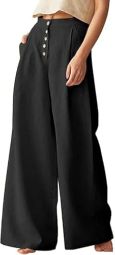 SHEKINI Leinenhose Damen Hose mit Weitem Bein Lang Sommerhose Causal Freizeithose Locker Stoffhose Leicht und Elegant Palazzo Hose mit Taschen und Knöpfen S-5XL von SHEKINI