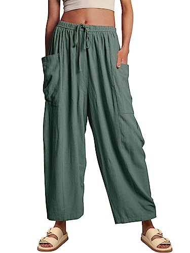SHEKINI Leinenhose Damen Hosen Sommer Leinen Leicht Casual Fließend Locker 7/8 Culotte Hose Freizeithose Palazzo Hose Weite Leg Hose Sommerhose mit Tunnelzug und Taschen von SHEKINI