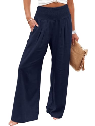 SHEKINI Leinenhose Damen Lang Sommerhose Weites Bein Causal Freizeithose Fließend Locker Strandhose Elastische Taille Palazzo Hose mit Taschen Elegant Bequeme Stoffhose von SHEKINI
