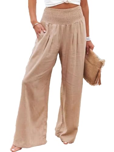 SHEKINI Leinenhose Damen Lang Sommerhose Weites Bein Causal Freizeithose Fließend Locker Strandhose Elastische Taille Palazzo Hose mit Taschen Elegant Bequeme Stoffhose von SHEKINI