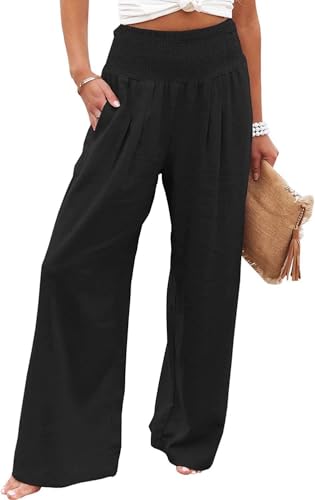 SHEKINI Leinenhose Damen Lang Sommerhose Weites Bein Causal Freizeithose Fließend Locker Strandhose Elastische Taille Palazzo Hose mit Taschen Elegant Bequeme Stoffhose von SHEKINI