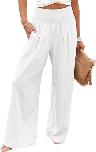 SHEKINI Leinenhose Damen Lang Sommerhose Weites Bein Causal Freizeithose Fließend Locker Strandhose Elastische Taille Palazzo Hose mit Taschen Elegant Bequeme Stoffhose von SHEKINI