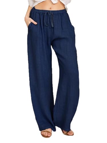 SHEKINI Leinenhose Damen Leicht Sommerhose Baumwolle Leinen Stoffhose mit Taschen Locker Bequem Flowy Weitem Bein Freizeithose Mit Kordelzug Einfarbig Lässige Strand Hose von SHEKINI