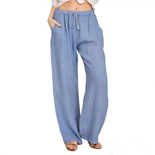 SHEKINI Leinenhose Damen Leicht Sommerhose Baumwolle Leinen Stoffhose mit Taschen Locker Bequem Flowy Weitem Bein Freizeithose Mit Kordelzug Einfarbig Lässige Strand Hose von SHEKINI