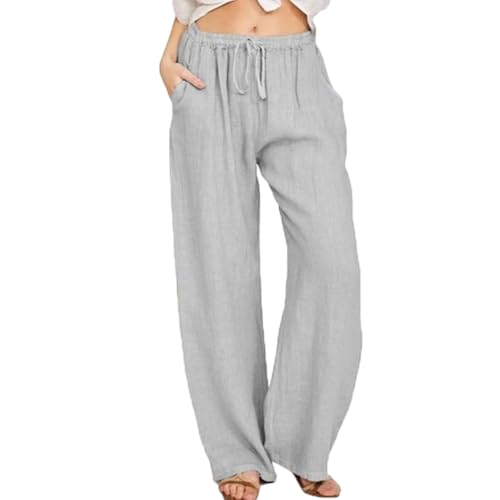 SHEKINI Leinenhose Damen Leicht Sommerhose Baumwolle Leinen Stoffhose mit Taschen Locker Bequem Flowy Weitem Bein Freizeithose Mit Kordelzug Einfarbig Lässige Strand Hose von SHEKINI