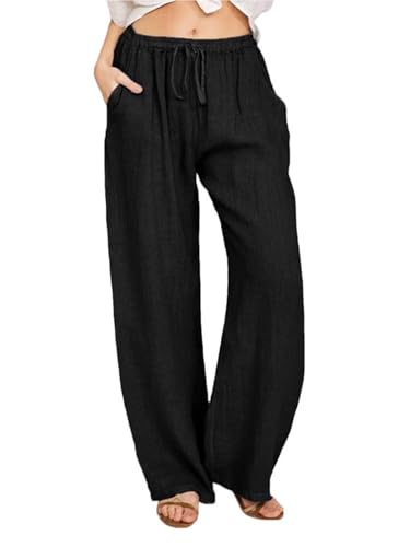 SHEKINI Leinenhose Damen Leicht Sommerhose Baumwolle Leinen Stoffhose mit Taschen Locker Bequem Flowy Weitem Bein Freizeithose Mit Kordelzug Einfarbig Lässige Strand Hose von SHEKINI