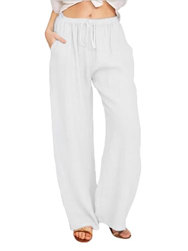 SHEKINI Leinenhose Damen Leicht Sommerhose Baumwolle Leinen Stoffhose mit Taschen Locker Bequem Flowy Weitem Bein Freizeithose Mit Kordelzug Einfarbig Lässige Strand Hose von SHEKINI