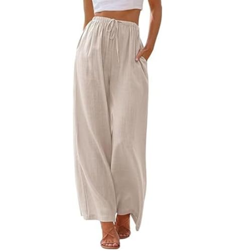 SHEKINI Leinenhose Strandhose Lang Leicht Sommerhose Casual Loose Fit Stoffhose Weite Beine Palazzo Hose mit Taschen Freizeithose von SHEKINI