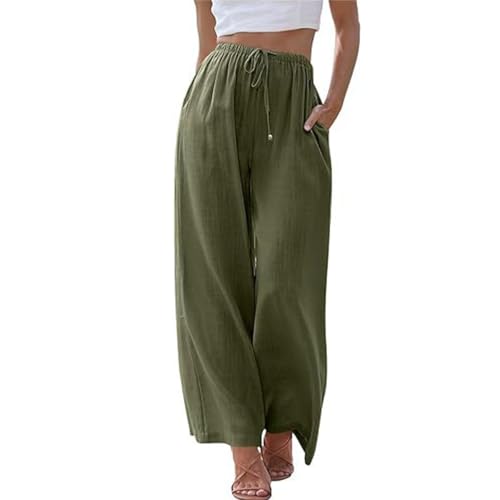 SHEKINI Leinenhose Strandhose Lang Leicht Sommerhose Casual Loose Fit Stoffhose Weite Beine Palazzo Hose mit Taschen Freizeithose von SHEKINI