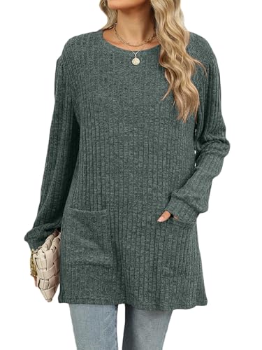 SHEKINI Longshirt Damen Leichte Pullover Casual Rundhals Langarm Shirts mit Taschen Strickpullover Herbst Tunika Damen Langarm Damenpullover Winter Oberteile von SHEKINI
