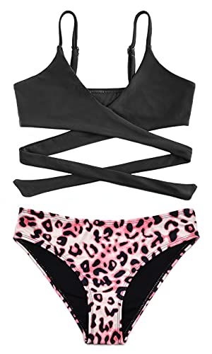 SHEKINI Mädchen 2 Teiliger Bikini Set Crossover Spaghettiträger Bademode High Waist Bikinihose Süße Geblümter Badebekleidung Strandbikini für 6-14 Jahren (Schwarz, 10-12 Jahre) von SHEKINI