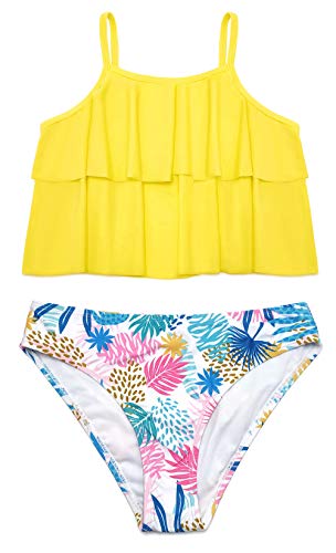 SHEKINI Mädchen 2 Teiliger Bikini Set Doppelte Schichten Volant Bademode Low Waist Bikini Bottom Süße Geblümter Badebekleidung Hawaii Tankini (Zitronengelb, 10-12 Jahre) von SHEKINI