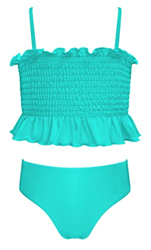 SHEKINI Mädchen 2 Teiliger Bikini Volant Bandeau Bademode Blumenmuster Strandbikini Low Waist Bikini Bottoms Süße Badebekleidung (8-10 Jahre,Grün) von SHEKINI