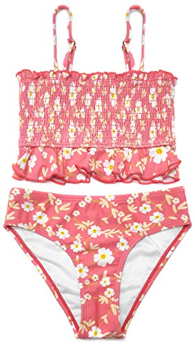 SHEKINI Mädchen 2 Teiliger Bikini Volant Bandeau Bademode Blumenmuster Strandbikini Low Waist Bikini Bottoms Süße Badebekleidung (Rosa, 10-12 Jahre) von SHEKINI