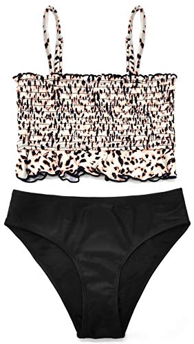 SHEKINI Mädchen 2 Teiliger Bikini Volant Bandeau Bademode Blumenmuster Strandbikini Low Waist Bikini Bottoms Süße Badebekleidung (Schwarz, 10-12 Jahre) von SHEKINI