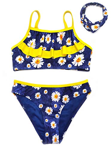 SHEKINI Mädchen Zweiteiliger Badeanzuge und Stirnband Bikini Set Rüschen Verstellbar Spaghettiträgern Bademode Gedruckt Triangel Badehose Tankini für 6-14 Jahre (Blau, 6-8 Jahre) von SHEKINI