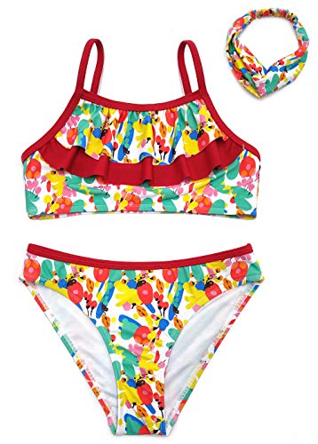 SHEKINI Mädchen Zweiteiliger Badeanzuge und Stirnband Bikini Set Rüschen Verstellbar Spaghettiträgern Bademode Gedruckt Triangel Badehose Tankini für 6-14 Jahre (Rot, 8-10 Jahre) von SHEKINI