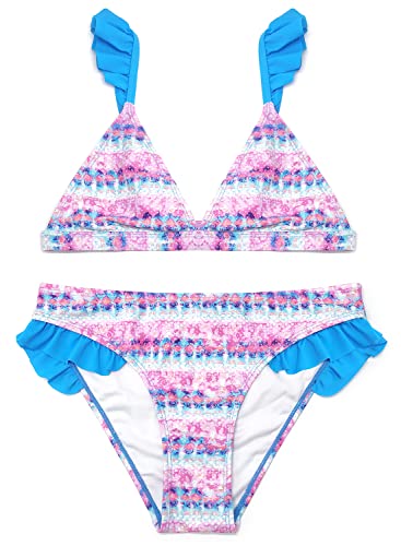 SHEKINI Mädchen 2 Teiliger Triangel Bikini Volant Bademode Low Waist Bikini Bottom Süße Geblümter Badebekleidung Rosa Hawaii Strandbikini (Himmelblau, 10-12 Jahre) von SHEKINI