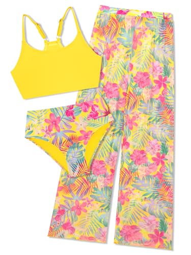 SHEKINI Mädchen 3-teilig Bedruckt Badeanzug High Waist Bikini Set mit Cover Up Hose (7 Jahre, Gelb Blumendruck) von SHEKINI