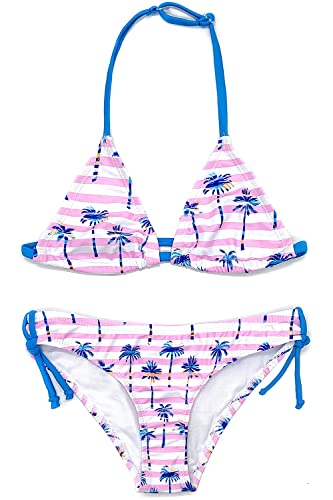 SHEKINI Mädchen Badeanzug Bikini Set Neckholder Dreieck Top bedruckte Unterseite 2-teilig Badeanzug Kinder Bademode 6-14 Jahre, Kokosbaum, 8 Jahre von SHEKINI