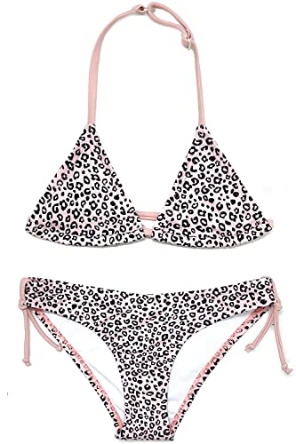 SHEKINI Mädchen Badeanzug Bikini Set Neckholder Dreieck Top bedruckte Unterseite 2-teilig Badeanzug Kinder Bademode 6-14 Jahre, Rosa Leopard, 8 Jahre von SHEKINI