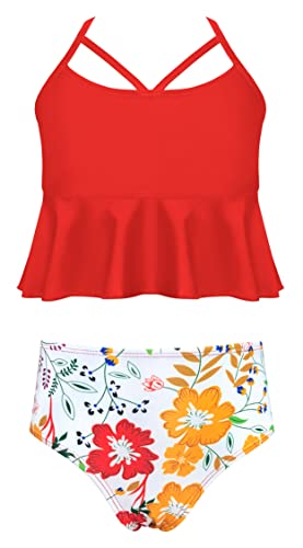 SHEKINI Mädchen Bikini Set Rüschensaum Tankini Top Bademode Gedruckt Hohe Taille Bikinihose Bikini Mädchen für 6-14 Jahre(Rot,10-12 Jahre) von SHEKINI