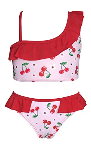 SHEKINI Mädchen Bikini Set Schräge Schulter Asymmetrischer Verstellbar Rüschen Dekoration Zweiteiler Badeanzug Niedlich Gedruckt Kinder Strandmode für 6-14 Jahre (10-12 Jahre，Rot von SHEKINI