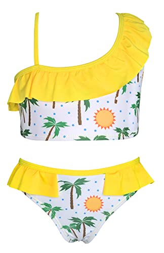 SHEKINI Mädchen Bikini Set Schräge Schulter Asymmetrischer Verstellbar Rüschen Dekoration Zweiteiler Badeanzug Niedlich Gedruckt Kinder Strandmode für 6-14 Jahre (10-12 Jahre，Zitronengelb von SHEKINI