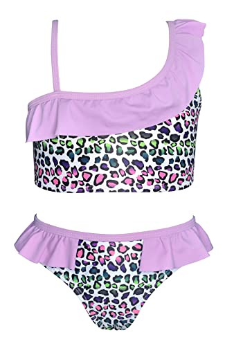 SHEKINI Mädchen Bikini Set Schräge Schulter Asymmetrischer Verstellbar Rüschen Dekoration Zweiteiler Badeanzug Niedlich Gedruckt Kinder Strandmode für 6-14 Jahre (12-14 Jahre，Rosa von SHEKINI