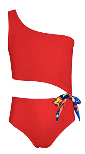 SHEKINI Mädchen Chic Einteiliger Badeanzüge Schräge Schulter Bademode niedlich Cutout Badeanzug Mädchen Teenager Sporty Strandmode für 6-14 Jahre (6-8 Jahre,Rot) von SHEKINI