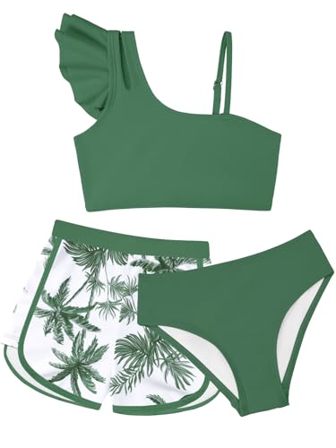SHEKINI Mädchen Kinder Bikini Set 3 Teilige Badeanzüge Ruffle Bikinioberteil Blumendruck Teenager Bademode(Grün,8 Jahre) von SHEKINI