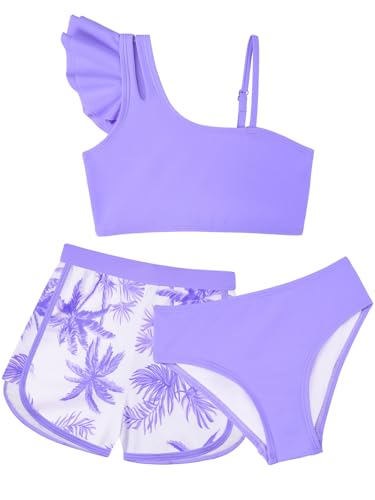 SHEKINI Mädchen Kinder Bikini Set 3 Teilige Badeanzüge Ruffle Bikinioberteil Blumendruck Teenager Bademode(Lila,7 Jahre) von SHEKINI